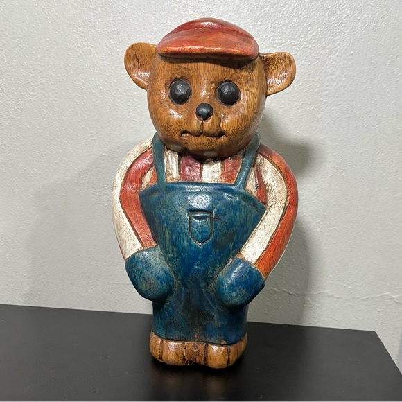 Hand Carved Wooden Bear Sculpture Door Stop Folk Art Patriotic Cabin Decor Vtg - Picture 3 of 16